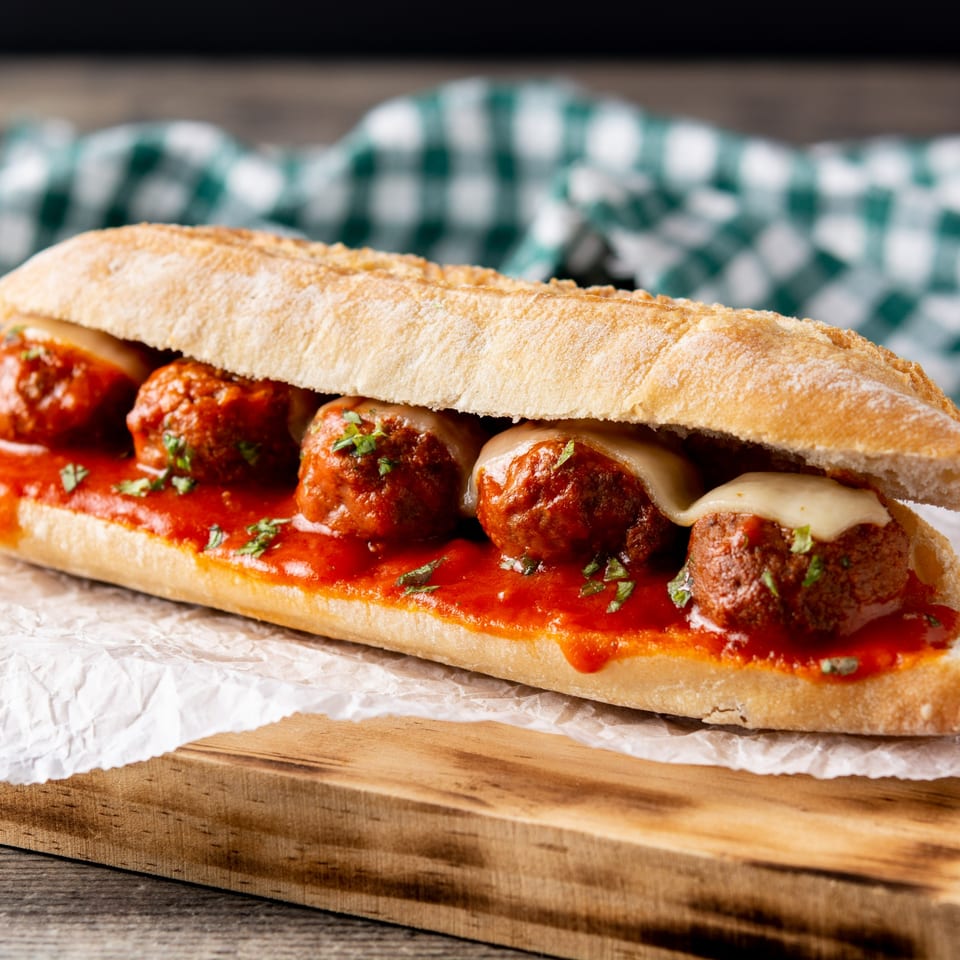 Meatball sub with melted cheese and red sauce on a wooden board with a green checkered napkin.