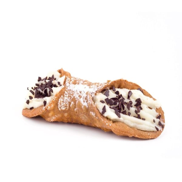 A single cannoli pastry, filled with white cream and topped with chocolate sprinkles and powdered sugar.